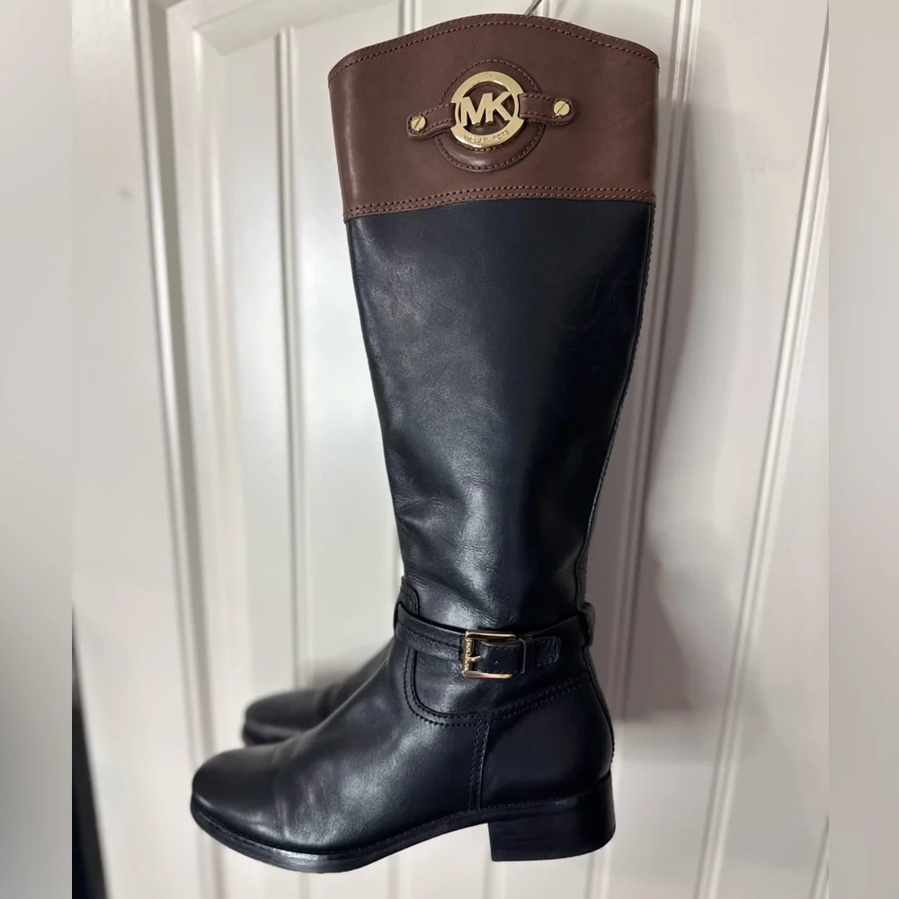 MICHAEL KORS 🌟 STOCKARD Knee-High Riding Boots (Women’s Size 7) Blk/Brown/Gold